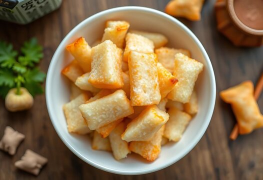 Crispy youtiao in white bowl, golden brown, airy, top down view, cut pieces,  snack,  crispy