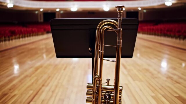 Trombone on stage waiting for orchestra performance in a theater hall
