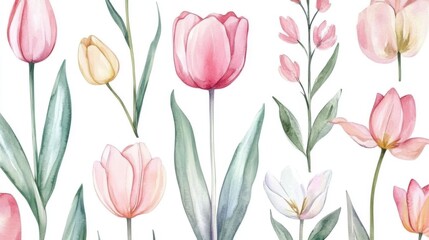 Obraz premium Watercolor tulips arrangement on white background for floral design projects
