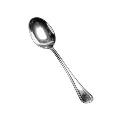 Gleaming silver spoon, slightly angled, on a dark background. Reflections are visible
