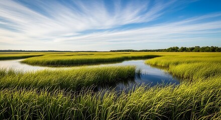 Serene wetland marsh landscape with golden grass and blue sky at sunrise summer nature