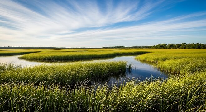Serene wetland marsh landscape with golden grass and blue sky at sunrise summer nature