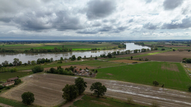 Aerial view of the Trebbia river meeting the Po river near Piacenza, Italy