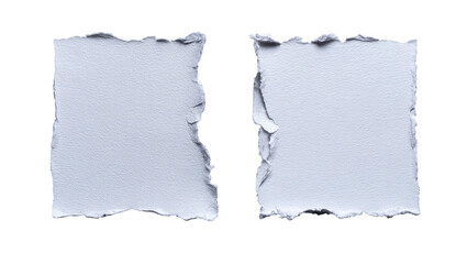 Two torn, textured, white paper squares on a black background; separated