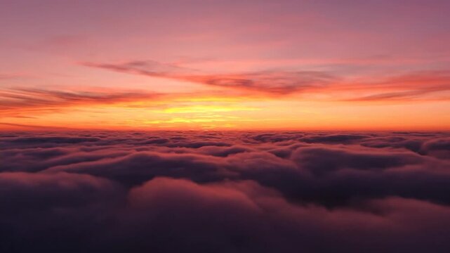 Aerial view of clouds at vibrant sunrise above sea of foggy cloudscape