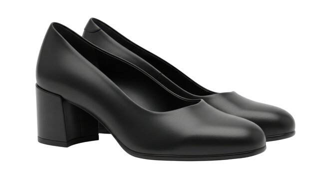 Black matte leather women low heel pump shoes side view, isolated on white background