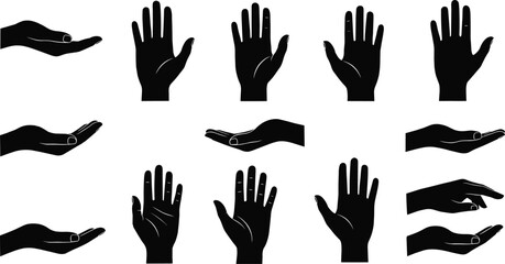 Obraz premium Hand gesture silhouette icon grid, twelve diverse palm and finger positions, black vector illustration, sign language and body communication theme, isolated on white background