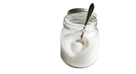 Glass jar of white yogurt or cream with metal spoon on white background