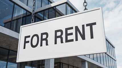 Obraz premium For rent sign hanging on modern commercial building exterior 