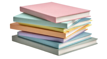 Stack of notebooks with pastel covers background isolated on a Transparent background, PNG file.