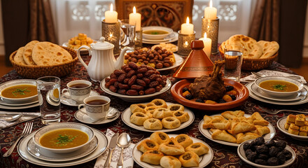 A beautifully adorned table showcasing a traditional Middle Eastern and North African feast with diverse dishes, dates, pastries, and warm candlelight.