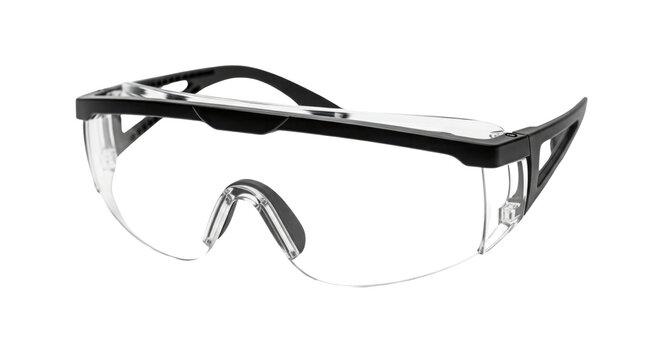 Clear polycarbonate safety glasses with black temples and wraparound lens, protective eyewear for workshop or laboratory