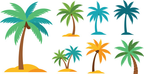 Colorful palm tree illustration set with tropical island styles, flat and semi-realistic vector designs for summer branding, travel graphics, and nature themes © Sohel Creative