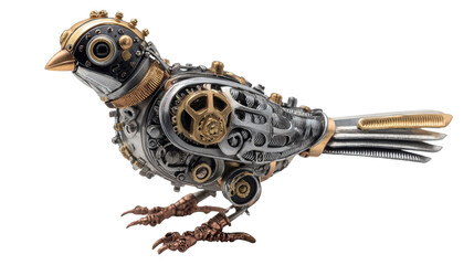 steampunk mechanical bird figurine with brass details background isolated on a Transparent background, PNG file.