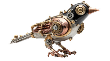 steampunk mechanical bird figurine with brass details background isolated on a Transparent background, PNG file.