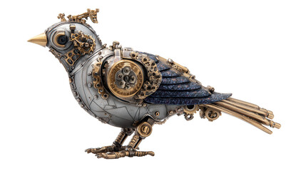 steampunk mechanical bird figurine with brass details background isolated on a Transparent background, PNG file.