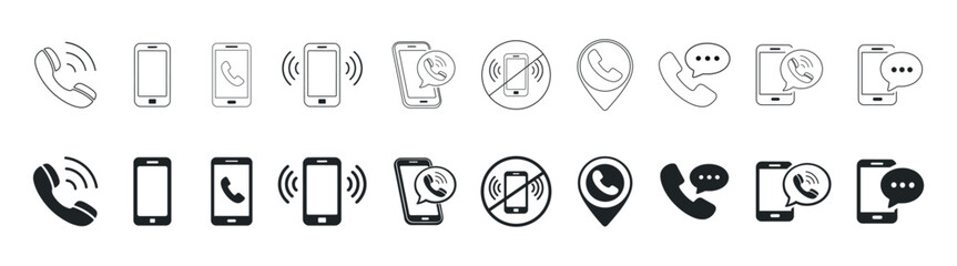 Phone call and chat icons set, mobile communication contact support symbols, black flat vector illustration on transparent background