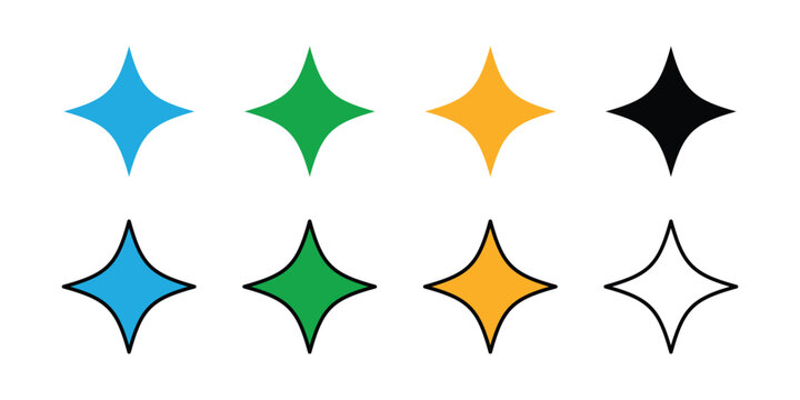 Set of four-pointed star shapes in various colors, including solid and outlined versions, on transparent background.