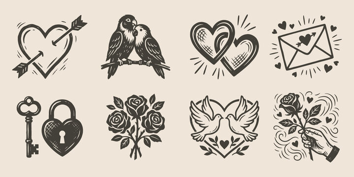 Vintage Valentines Love Icons Set Engraving Style - Romantic Hearts, Doves, Roses, and Cupid Symbols