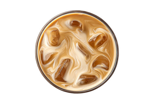Overhead shot of an iced coffee with milky swirls and ice cubes in a glass against black
