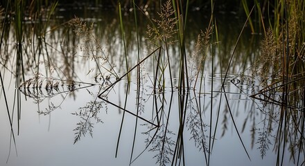 Obraz premium Reeds Reflecting in Calm Water with Serene Natural Surroundings
