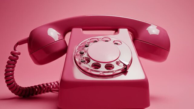 The scene features a pink rotary phone on a pink background. The pink phone showcases vintage design elements with a round dial and curly cord.
