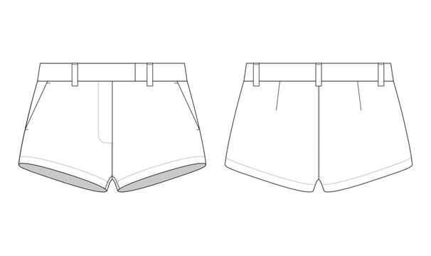Vector fashion technical drawing of a short shorts with front and back view. Hidden closure. Side slant pockets. Back darts. Belt loops. Woven fabric.