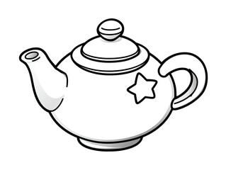 Obraz premium Simple white cartoon teapot with star detail, spout, and handle on a black background