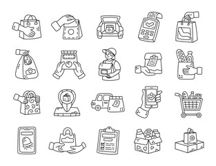 Service delivery set in outline line art showing courier transport parcels packages groceries food payments pickup points carts notifications smartphones receipts © palau83