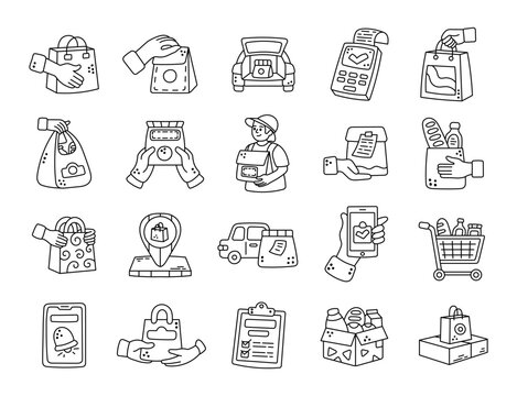 Service delivery set in outline line art showing courier transport parcels packages groceries food payments pickup points carts notifications smartphones receipts