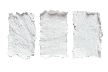 Obraz premium Three handmade white paper rectangles with textured surfaces and irregular torn edges