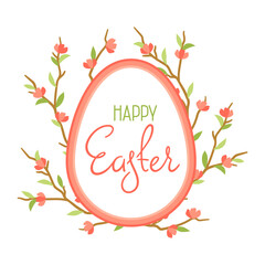 Happy Easter greeting frame design. Cute egg and flowers for traditional celebration.