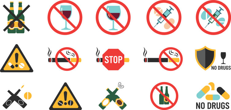 No alcohol and drugs prohibition icon set with warning signs stop symbols bottles pills syringes vector illustrations isolated