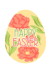 Happy Easter greeting card. Cute egg and flowers for traditional celebration.