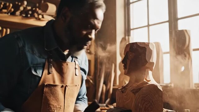 Skilled African American artisan meticulously carves a wooden sculpture in a sunlit workshop, showcasing traditional craftsmanship and artistic dedication.