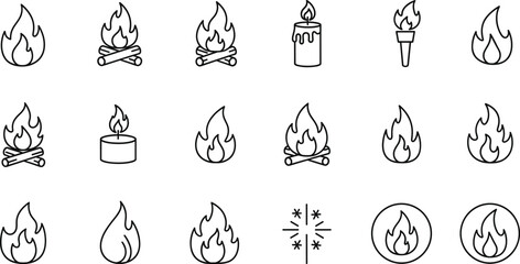 Fire flame icon set with campfire torch candle and burning symbols outline vector illustrations isolated © Rubya