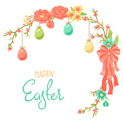 Happy Easter greeting card. Cute eggs and flowers for traditional celebration.