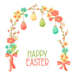 Happy Easter greeting card. Cute eggs and flowers for traditional celebration.