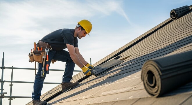 Skilled roofing worker installing asphalt shingles on a residential house under a clear blue sky.