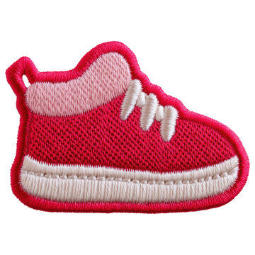 Red embroidered sneaker patch with white stitching and playful texture