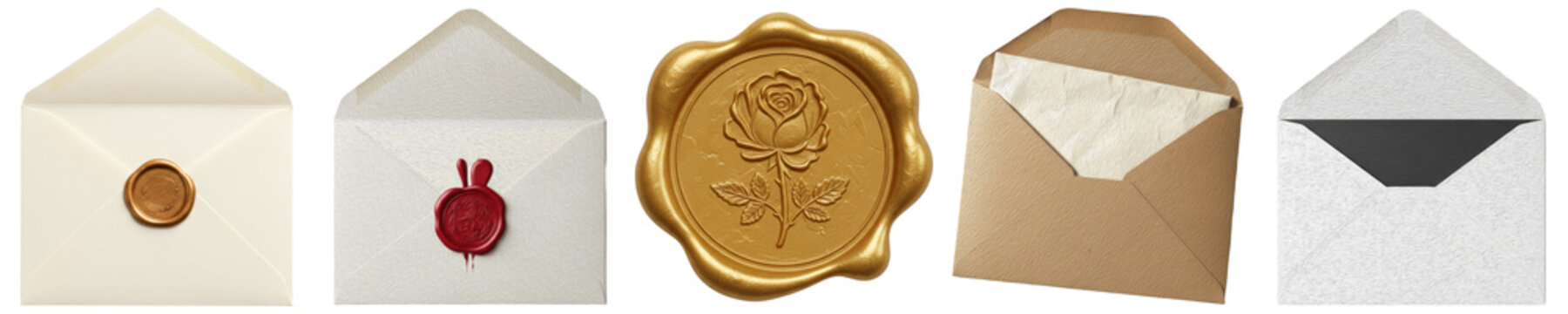 an elegant photograph of open envelopes with various textures and antique wax seals, perfect for themes of correspondence and secrets.