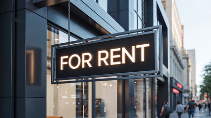 For rent sign glowing outside modern city building
