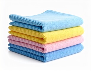 Stack of Soft Pastel Colored Microfiber Cleaning Cloths on White Backdrop