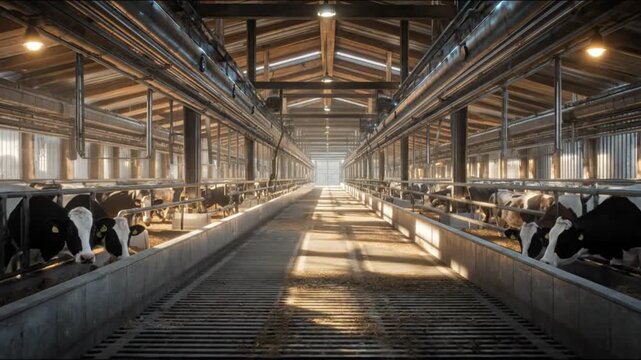 Modern, spacious dairy farm barn interior featuring rows of cattle actively feeding, showcasing efficient livestock management and agricultural industry
