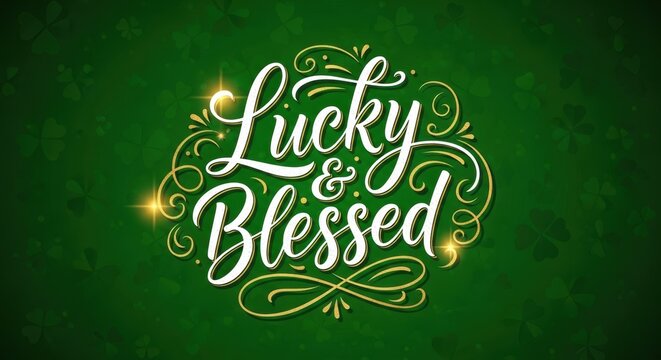 A festive St. Patrick&rsquo;s Day poster with elegant custom hand-lettered typography saying &ldquo;Lucky & Blessed&rdquo;, intricate flowing script with decorative swashes and golden accents