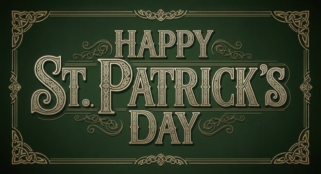 Premium St. Patrick&rsquo;s Day typography artwork with ornate vintage lettering reading &ldquo;Happy St. Patrick&rsquo;s Day&rdquo;
