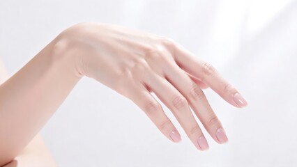 Naklejka premium A close-up of hands with delicate texture and soft luster, paired with light nude nail polish, showing an exquisite and elegant hand state, making it a material image suitable for beauty, nail art, an