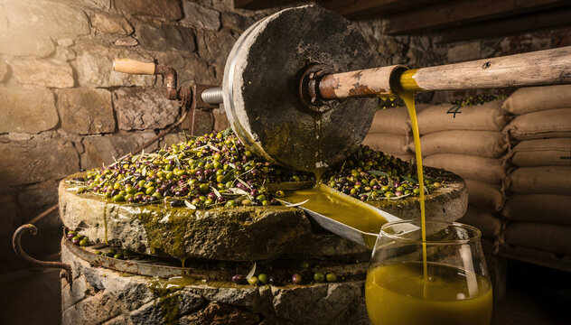 Olive Oil Mill: Traditional Stone Pressing Method,  Vintage Millstone Processing Olives, Natural Organic Oil Production,  Harvesting,  Authenticity, and Heritage