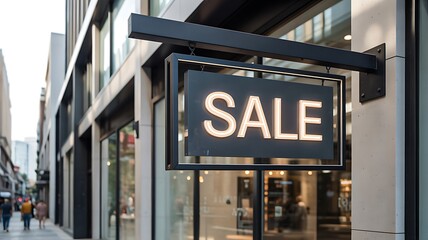 Sale sign glowing outside modern retail store on city street
