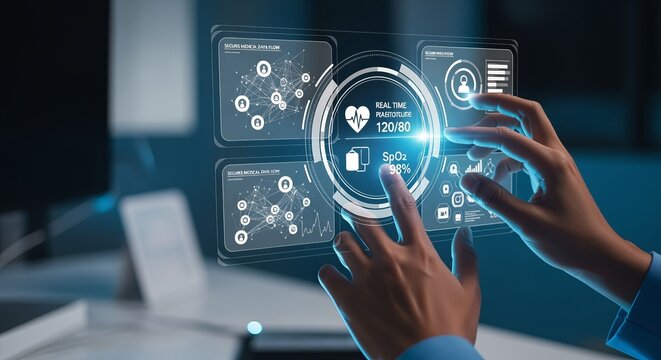 Medical Professional Uses High Tech Holographic Touchscreen Interface. Hospital, Healthcare Concept.